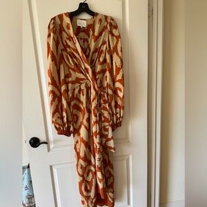 Johanna Ortiz Bold Orange and Cream Long Sleeve Dress